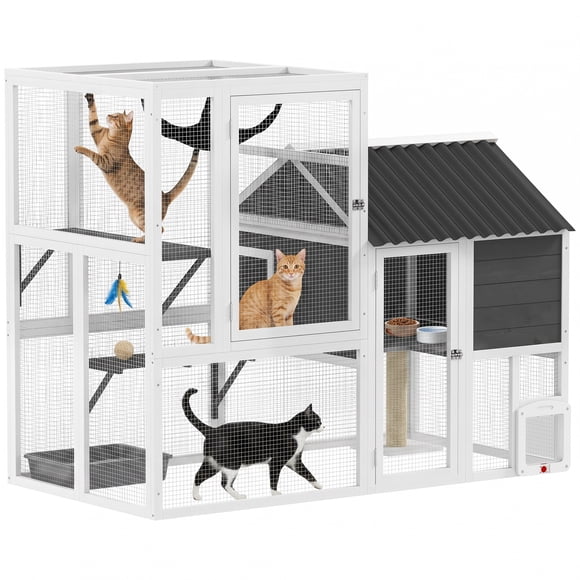 PawHut Catio Outdoor Cat Enclosure, 63" L Large Cat House with 4-Way Door