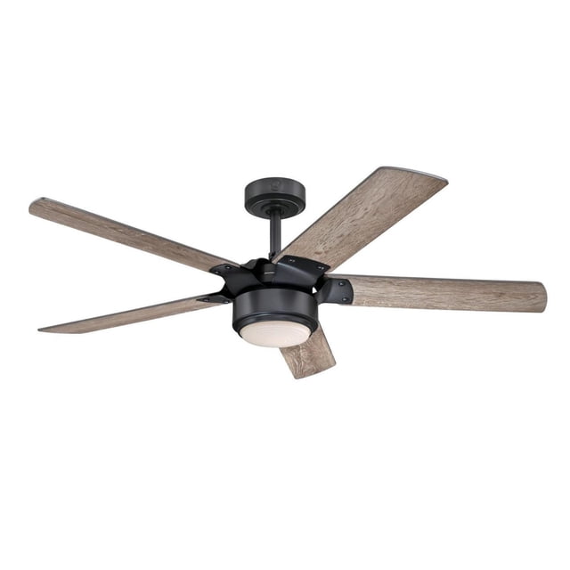 Westinghouse Morris 52" indoor ceiling fan with dimmable LED light fixture in iron finish, featuring five riverbed wood-finish blades and a low-profile textured glass light kit, ideal for rooms up to 225 sq ft, with included remote control for four speeds and light dimming.