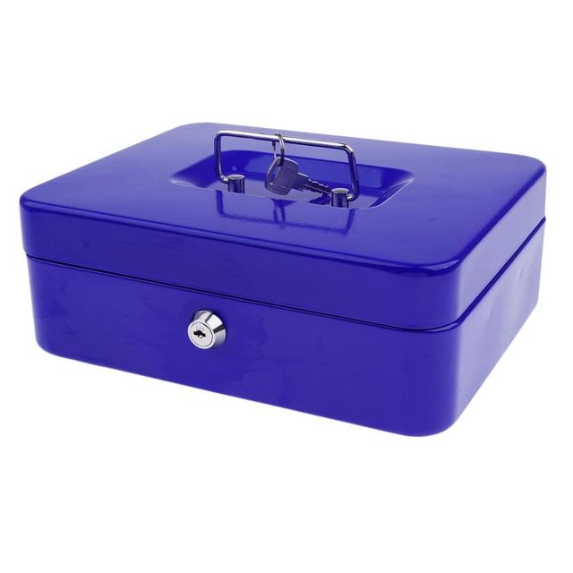Cash Box Money Bank Deposit Petty Cash Key Lockable Gift in blue color. Made of durable metal with a stainless steel carry handle and a secure key lock. Measures approximately 9.9 x 7.5 inches. Features a light-gloss finish and a compact design suitable for use in offices, schools, market stalls, or as a decorative item. Includes one piece cash money box.