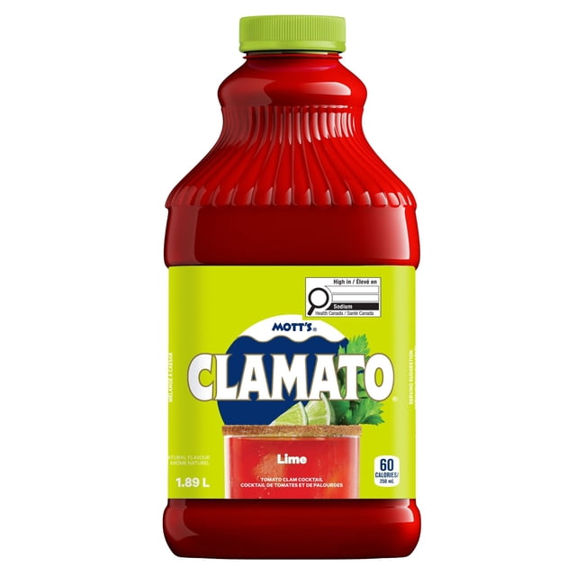 Mott's Clamato Lime 1.89 L plastic bottle with green cap and yellow label featuring lime wedges and celery, a tomato clam cocktail mix with 60 calories per 250 ml, ideal for making Caesars or as a non-alcoholic cocktail mixer.