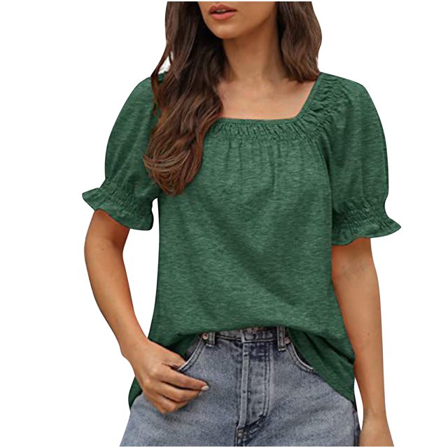 Birdeem Hauts Blouses Décontractés pour Femmes à Couleur Unie à Encolure Carrée à Manches Courtes
