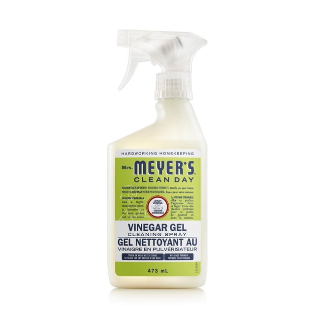 Mrs. Meyer’s Vinegar Gel Cleaning Spray, Natural Cleaner, Lemon Verbena Scent, 473mL. Centered front-facing bottle showing brand and Lemon Verbena label, plant-derived thickened vinegar gel with a no-rinse formula for cleaning sinks, showers and stainless steel; often used to lift mineral spots on taps.