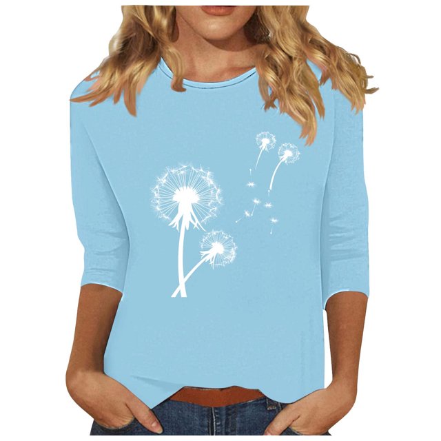 Plebaso Hauts pour Femmes Manches 3/4 Chemises Décontractées Imprimées Tunique à Col Ras du Cou Hauts Chandails Blouses pour Femmes