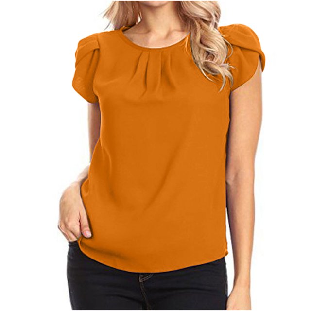 Chemise Décontractée pour Femme en Chiffon Uni à Manches Courtes et Col Rond, Blouse à Manches Courtes (Orange, 2TG)