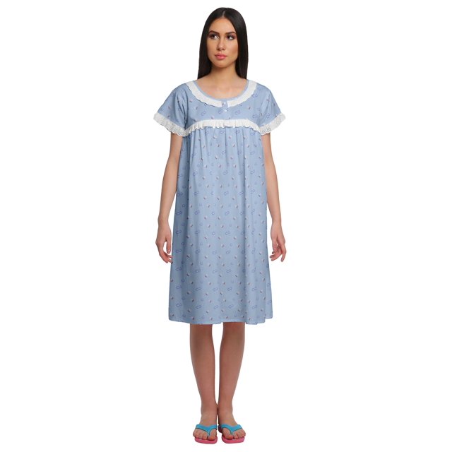 Moomaya Chemise de Nuit d'Allaitement pour Femmes à Col Rond Imprimée en Popeline de Coton