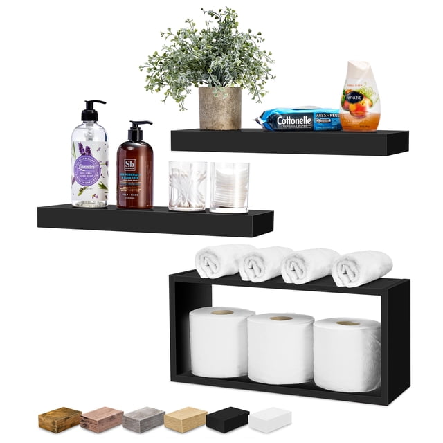 Sorbus Floating Shelves for Wall Set of 3, including two flat rectangular shelves and one open box shelf in black finish. The shelves are styled with bathroom essentials such as towels, toilet paper, soap dispensers, and decorative items like a potted plant. Suitable for bathroom storage, floating bookshelves, kitchen shelves, or farmhouse wall decor. Features invisible brackets for easy installation.
