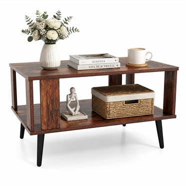 Costway Industrial 2-Tier Wooden Coffee Table with Storage Shelf