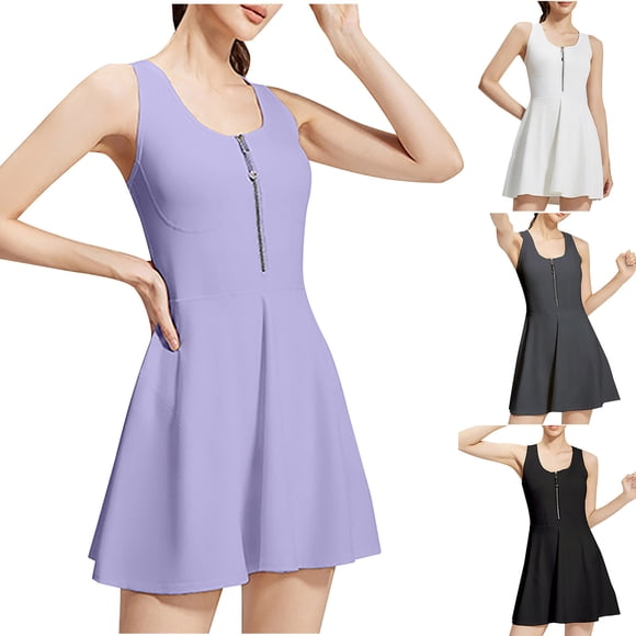 Lightning Sales! QATAINLAV Women's Athletic Tennis Dress with Built-in Shorts Zip Sleeveless Mini Workout Golf Dresses Outdoor Running Sports Romper Purple S