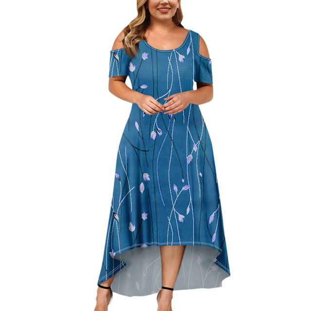 JULMCOMO Robes Grande Taille pour Femmes 5x Robe d'Été à Épaules Dénudées pour Invitée de Mariage Tendance à Imprimé Floral à Manches Courtes Col Ras du Cou Longue Robe Violet 5TG