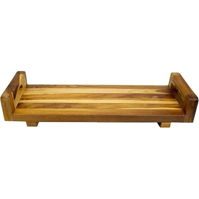 Plateau de Bain Rectangulaire Compact en Teck avec Bras Relevables Finition Bois Flotté