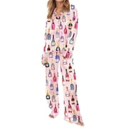 Gupgi Women 2 Piece Pajamas Lounge Set Long Sleeve Wine Bottle Print Button Down Shirt Wide Leg Pants Pj Sleepwear