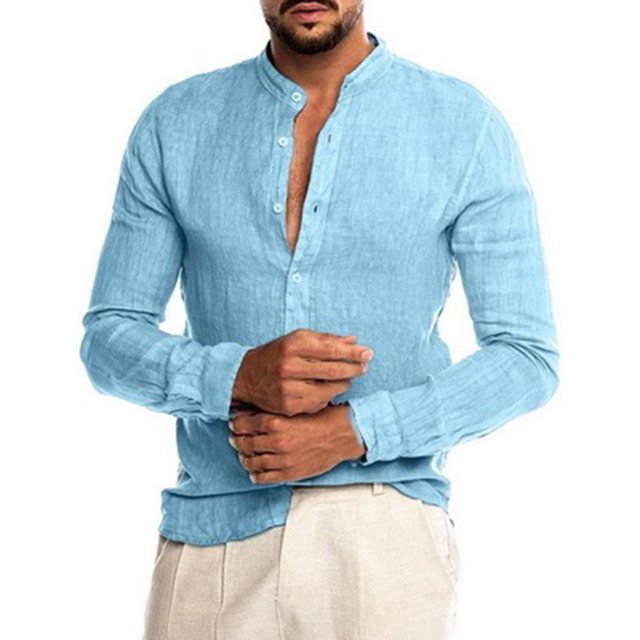 Pompotops Mode Homme Bouton Col en V Manches Longues T-Shirt Automne Uni Ample Blouse Hauts en Solde
