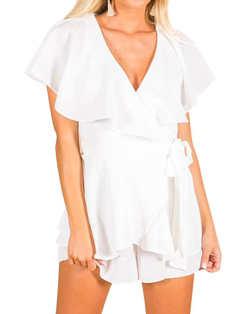 Women Cross V Neck Cutout Back Waistbelt Ruffled Short Sleeve Romper