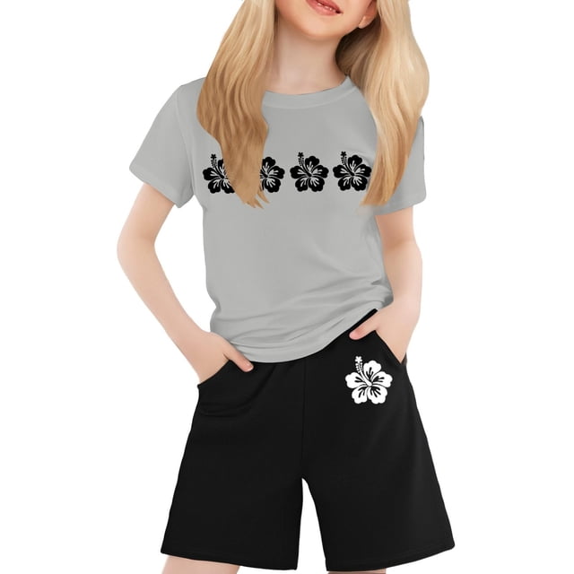 GDREDA Ensemble de Mini Pantalons T-Shirt Imprimé à Col Rond et Manches Courtes pour Enfants Garçons et Filles Gris, 6-7 Ans