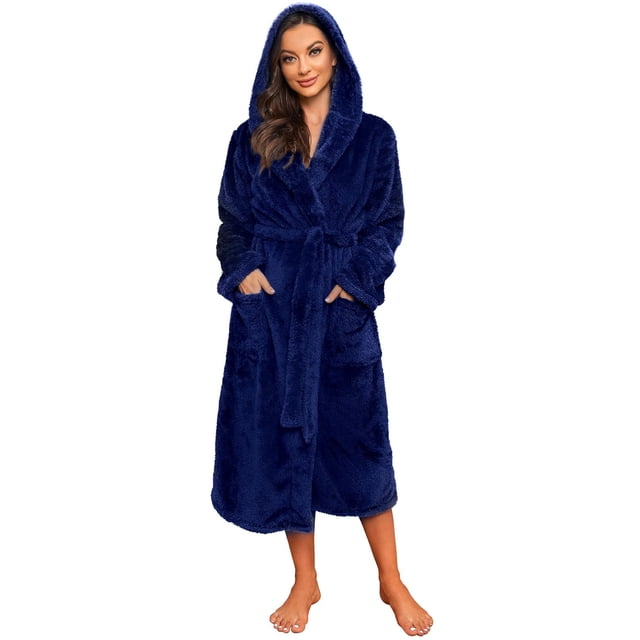 HEARTNICE Womens Hooded Fleece Robe in navy, designed with long, fluffy, thick plush fabric for exceptional warmth and comfort. Features include a hood for neck and ear protection, two large pockets for convenience, and inner and outer ties for a secure fit. Perfect for women's loungewear, post-shower relaxation, or as a winter robe for colder months.