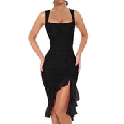 Women'S Ruched Bodycon Midi Dresses Square Neck Sleeveless Ruffle Hem Club Party Tank Dress Black S