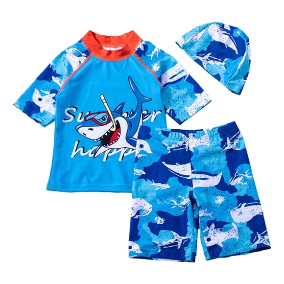 YOUSNH Toddler Swimsuit Boy 3 Piece Boys Swim Set Short Sleeve Boys Swim Shirt Boy Swim Trunks Rash Guard Bathing Suits Boys Swimwear Sky Blue 2-3 Years