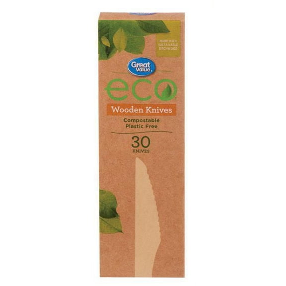 Great Value Eco Couteaux en Bois Compostables, 30 Pcs