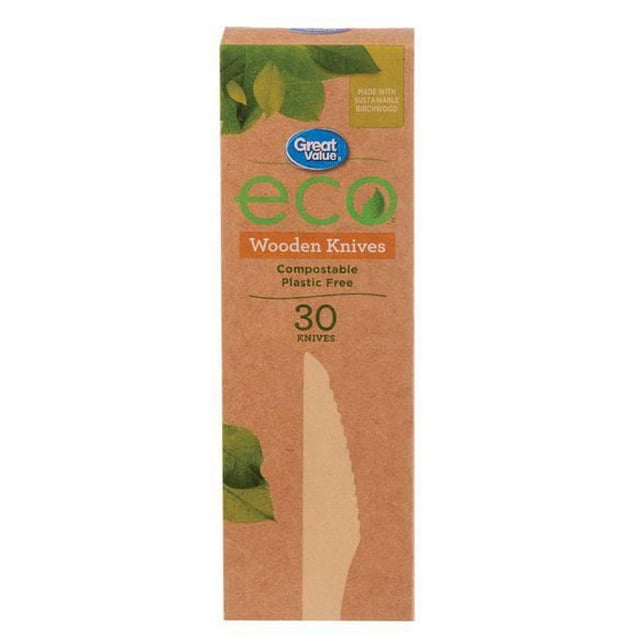 Great Value Éco Couteaux en Bois Compostables, Lot de 30, Comprenant des Couteaux Sans Plastique Faits de Bouleau Durable dans un Emballage Écoénergétique avec Motif de Feuille Verte, Convenant aux Vaisselle de Fête et aux Besoins de Couverts en Plastique.