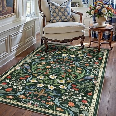 BERTHMEER 4'x6' Area Rugs for Living Room Bedroom Kitchen Farmhouse Rugs Non Slip Washable Floral Vintage Green Carpets Oriental Flower Office Dorm Dining Room Throw Rugs, Multicolor