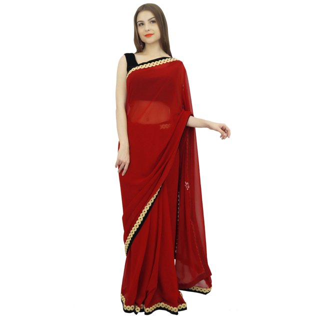 Atasi Sari Uni Bordeaux en Georgette pour Femme avec Blouse Pièce
