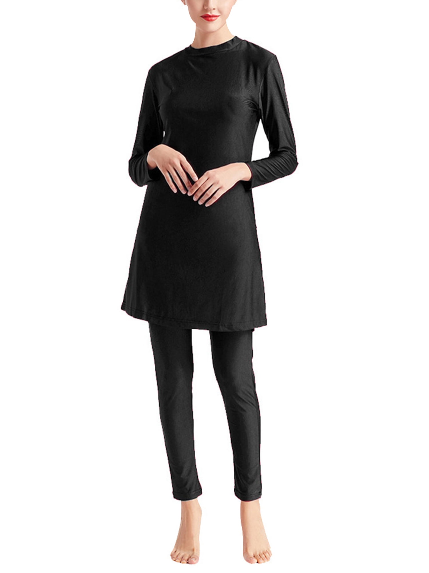 Innerwin Ladies Bathing Suit Three Pieces Swimsuit Muslim Style Crew Neck Swimwear Full Coverage Seaside Black XXL