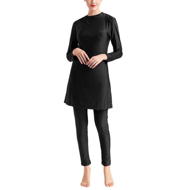 Innerwin Ladies Bathing Suit Three Pieces Swimsuit Muslim Style Crew Neck Swimwear Full Coverage Seaside Black 6XL