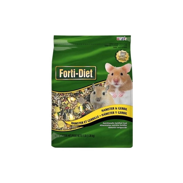 KT HAMSTER Forti-Diet Nourriture pour HAMSTER et Gerbille dans un Sac Vert de 3 lb Présentant un Mélange de Graines, de Grains et de Granules, avec des images d'Un HAMSTER et d'Une Gerbille, Enrichie sur le Plan Nutritionnel avec des Vitamines et Minéraux Essentiels pour les Petits Animaux à Toutes les Étapes de la Vie.