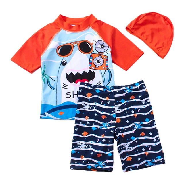 PMVFHDE Toddler Boys' 3-Piece Swimsuit Set - Short Sleeve Rash Guard + Elastic Waist Trunks & Swim Cap, Quick-Dry Breathable Sun Protection for Beach/Pool Sky Blue-E,8-9 Years