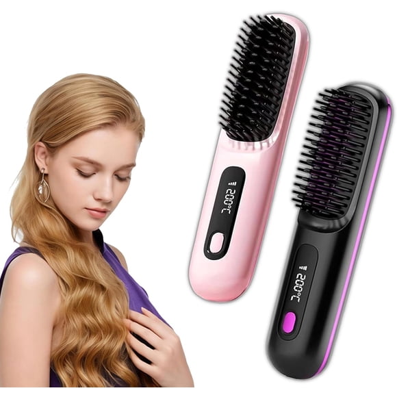 Numoya Go Brush Pro, New Numoya Portable Straightener Brush, Fast Heating Cordless Mini Hair Straightener Brush (Black+Pink)