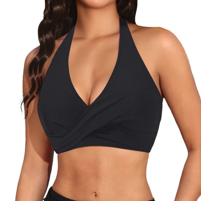 Women Push Up Bikini Top V Neck Full Coverage Swimsuit Top with Adjustable Straps and Buckle Closure