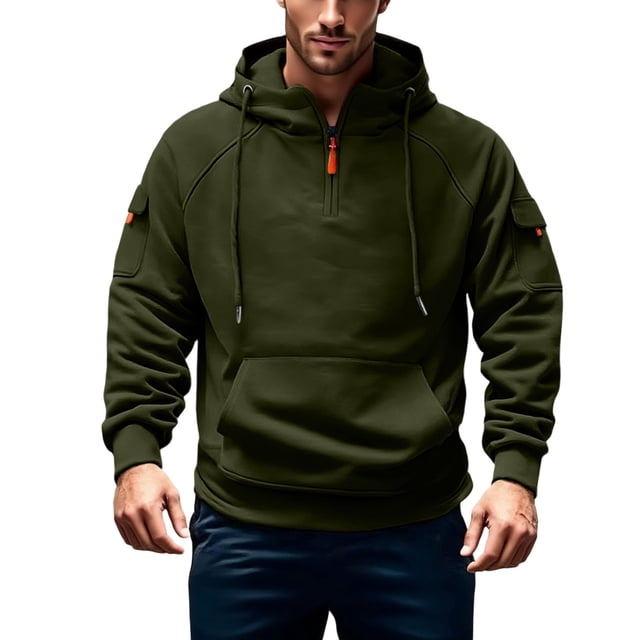Lyrcatrment Mens Fleece Heavyweight Hoodies 1/4 Zip Drawstring Outdoor Sweatshirts with Multi Pockets