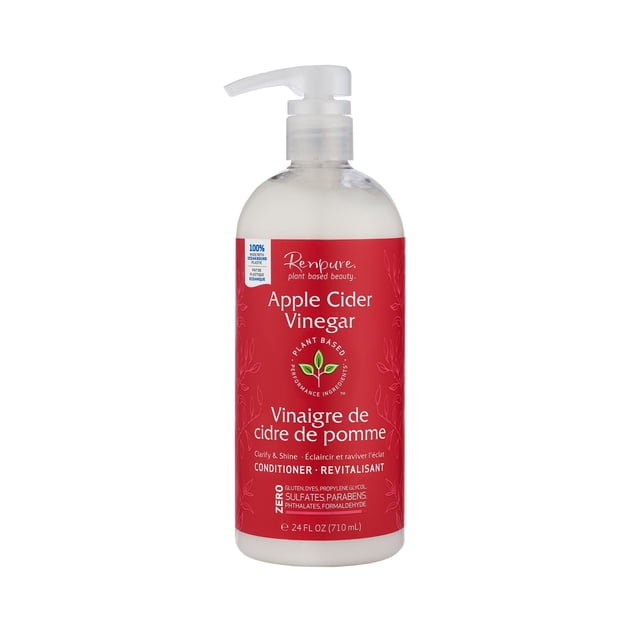 Renpure Plant Base Apple Cider Vinegar Conditioner in a 710 mL clear plastic pump bottle with a red label highlighting plant-based ingredients, clarifying and shine benefits, and free from sulfates, parabens, and harsh chemicals, ideal for nourishing scalp and enhancing hair shine.