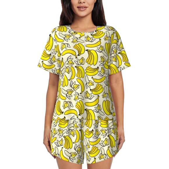 Vsdgher Banana Pattern Womens Pajamas 2 Piece Short Sleeve Sleepwear Set,Summer Soft Pajamas Set Casual Lounge Sets, 2-Piece Pj-X-Large
