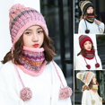 thumbnail image 2 of 1 Ensemble Automne Hiver Bonnet Écharpe Coloré Rayé Tricot Bordless Peluche Doublure Extensible pour l'Extérieur, 2 of 10