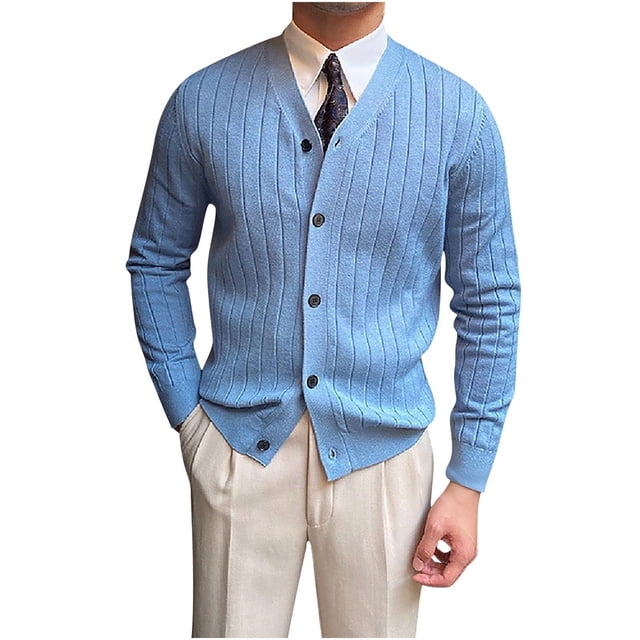 Lovzfmll Men's Knit Cardigan V-Neck Jacquard Pattern Open Front Blue, 3XL