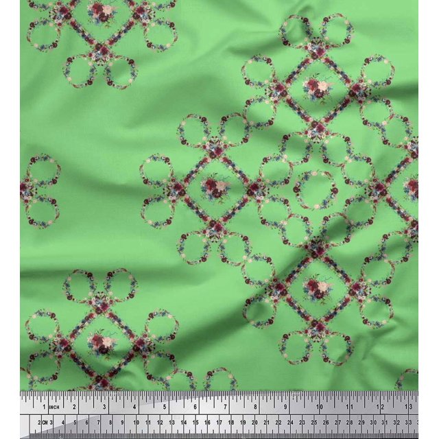 Soimoi Green polyester Crepe Fabric Floral Wreath Geometric Printed Fabric 1 Yard 42 Inch Wide