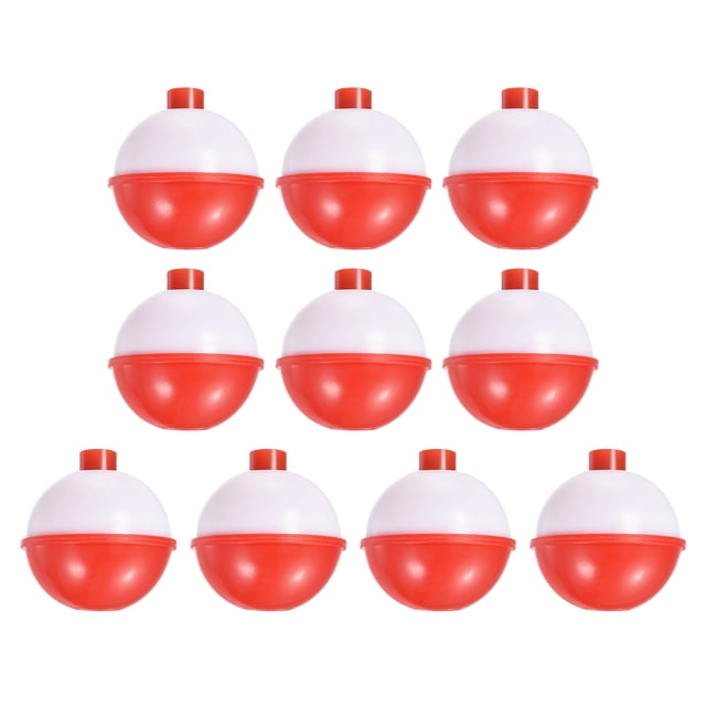 Unique Bargains 1.5 Inch Fishing Bobbers, Plastic Push Button Round Fishing Float, Red and White 10 Pack. These round fishing floats are made of durable plastic and feature a red and white design. Each float measures 1.5 inches in diameter and 1.67 inches in height. The push-button mechanism allows for easy attachment to the fishing line, and the spring provides a strong grip. Suitable for indicating bait position, water depth, and fish activity in various water layers. Pack includes 10 fishing bobbers.