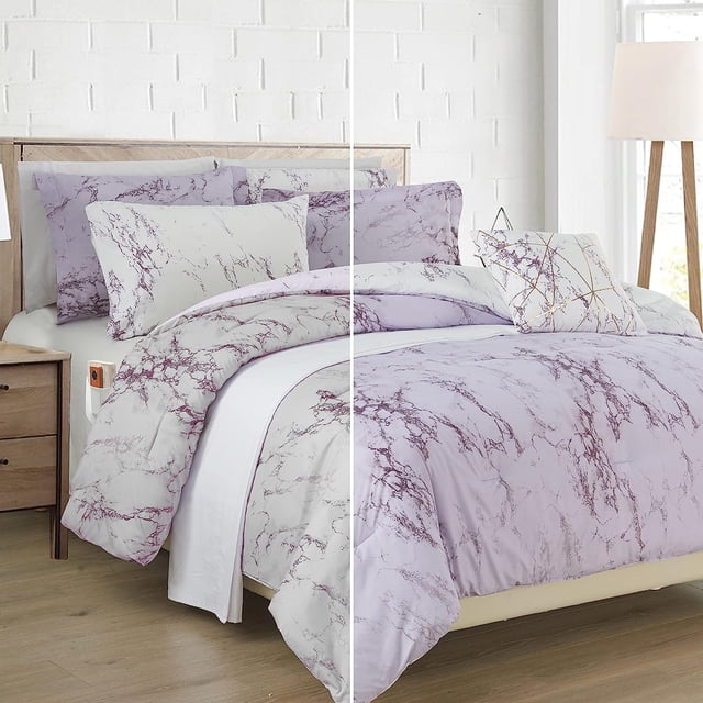 All Season 10-Piece Comforter Set - Reversible Marble Print Bedding with Plush Down Alternative Fill - Perfect for Year-Round Use, Queen Size, Lilac/White