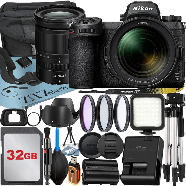 Nikon Z7 II Mirrorless Camera with NIKKOR Z 24-70mm f/4 S Lens + 32GB Card + Case + 3 Pieces Filter + Flash + ZeeTech Accessory Bundle