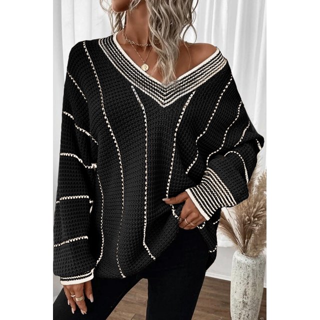FOLUNSI Chandail Chic à Rayures - Tricot Doux, Noir et Blanc, Coupe Décontractée