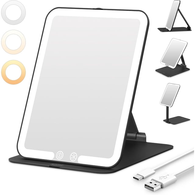 Miroir de Maquillage de Voyage Rechargeable, Miroir de Maquillage de Voyage Portable Éclairé avec Modes de Couleur, à Intensité Réglable, Miroir Compact de Table à DEL pour Coiffeuse avec Écran Tactile