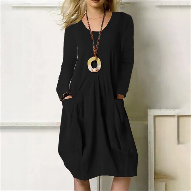 Robes d'Été Aguichant pour Femmes Printemps et Automne Col Rond Coton Lin Ample Décontracté Couleur Unie Manches Longues Robe à Poches Robes pour Invité de Mariage Été en Liquidation
