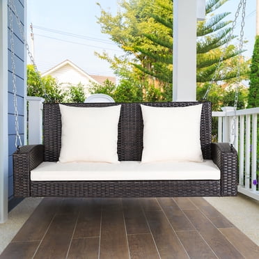 Costway Balançoire de Porche Suspendue en Rotin pour Patio 2 Personnes avec Coussin Beige