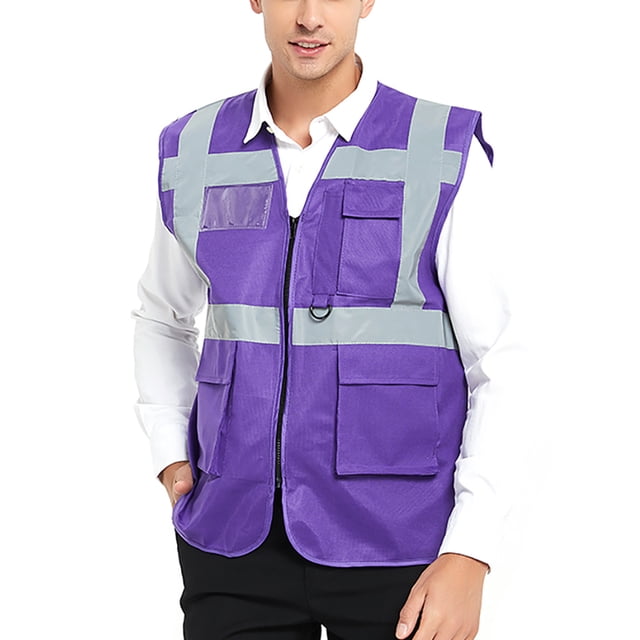 GOGO 5 Pockets High Visibility Safety Vest with Reflective Strips, Working Uniform Vest-Purple-L