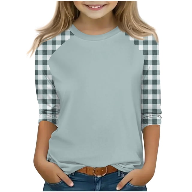 SERTG T-Shirt Mode Enfant Col Rond Manches 3/4 Imprimé Col Rond pour Été et Printemps 4-15 Ans (Vert Menthe2,7 Ans)