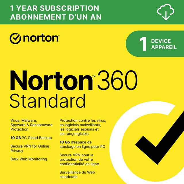 Norton 360 Standard Antivirus & Internet Security 1 Year Subscription digital download for 1 device, showing a yellow card with black checkmark and bilingual English-French text listing virus, malware, spyware, ransomware protection, 10 GB PC cloud backup, secure VPN for online privacy, and dark web monitoring.