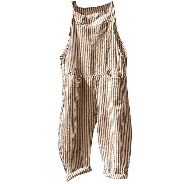 2025 Combinaison pour Femmes Combinaison à Rayures en Lin pour Femmes Combinaison en Denim Femme Été Décontractée Coupe Ample Combinaison en Jean Bretelle Ajustable Salopette Sans Manches Combinaisons pour Femmes Été Sarouel Grand