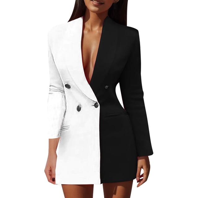 2025 Veste à Fermeture Éclair Patchwork à Blocs de Couleur pour Femme à Manches Longues à Col en V Veste de Piscine Robe de Tailleur pour Femme