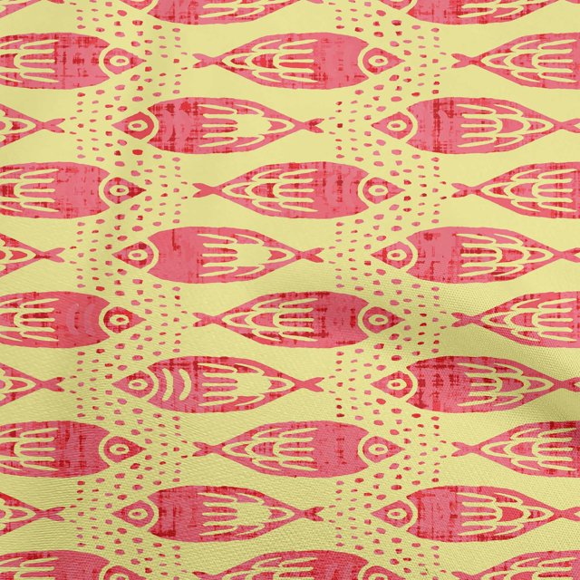 oneOone Cotton Poplin Pale Yellow Fabric Asian Block Fish Craft Projects Decor Fabric Printed By The Yard 56 Inch Wide